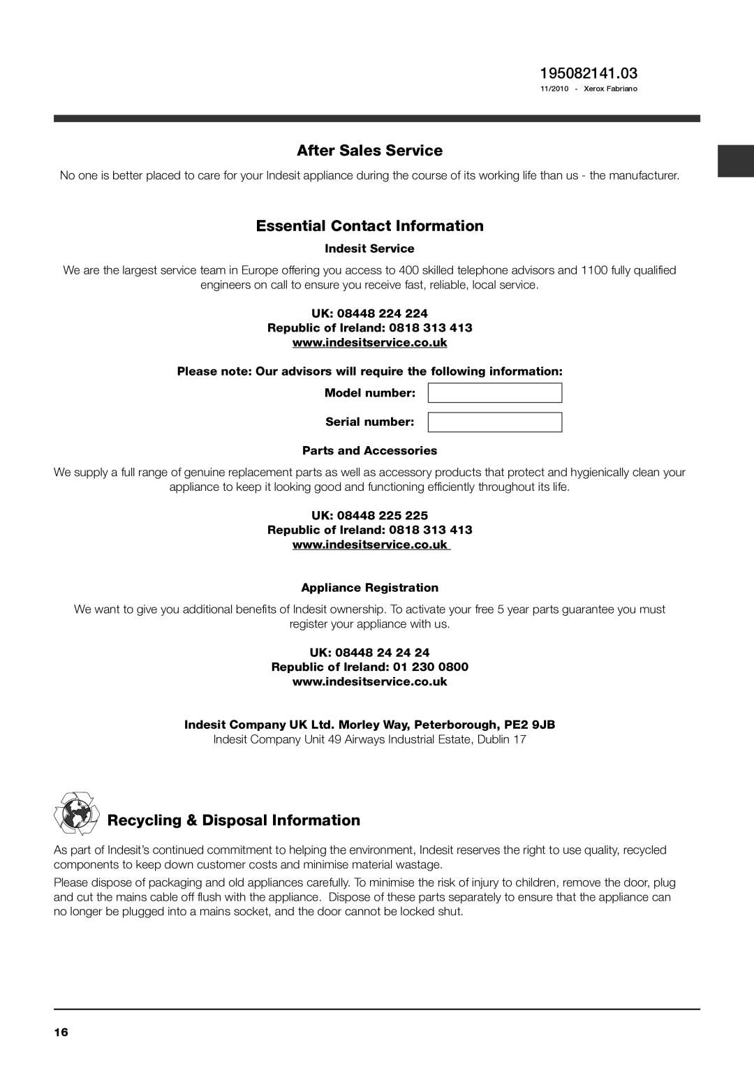 Indesit IWC 6105 manual 195082141.03, After Sales Service, Essential Contact Information, Recycling & Disposal Information 