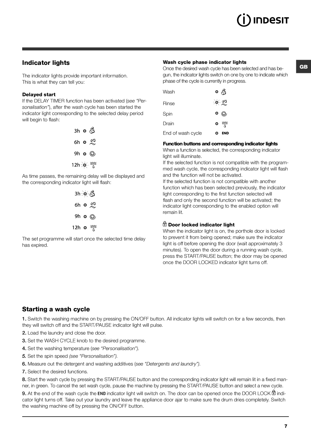 Indesit IWC 6105 manual Indicator lights, Starting a wash cycle, Set the spin speed see Personalisation 