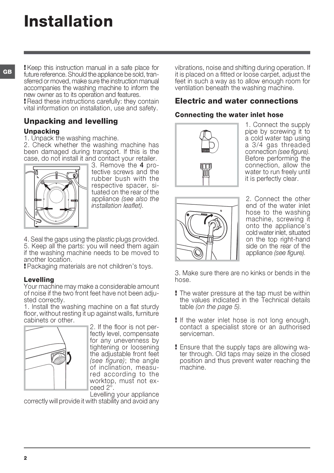 Indesit IWC 6125 S manual Unpacking and levelling, Electric and water connections, Installation leaflet 