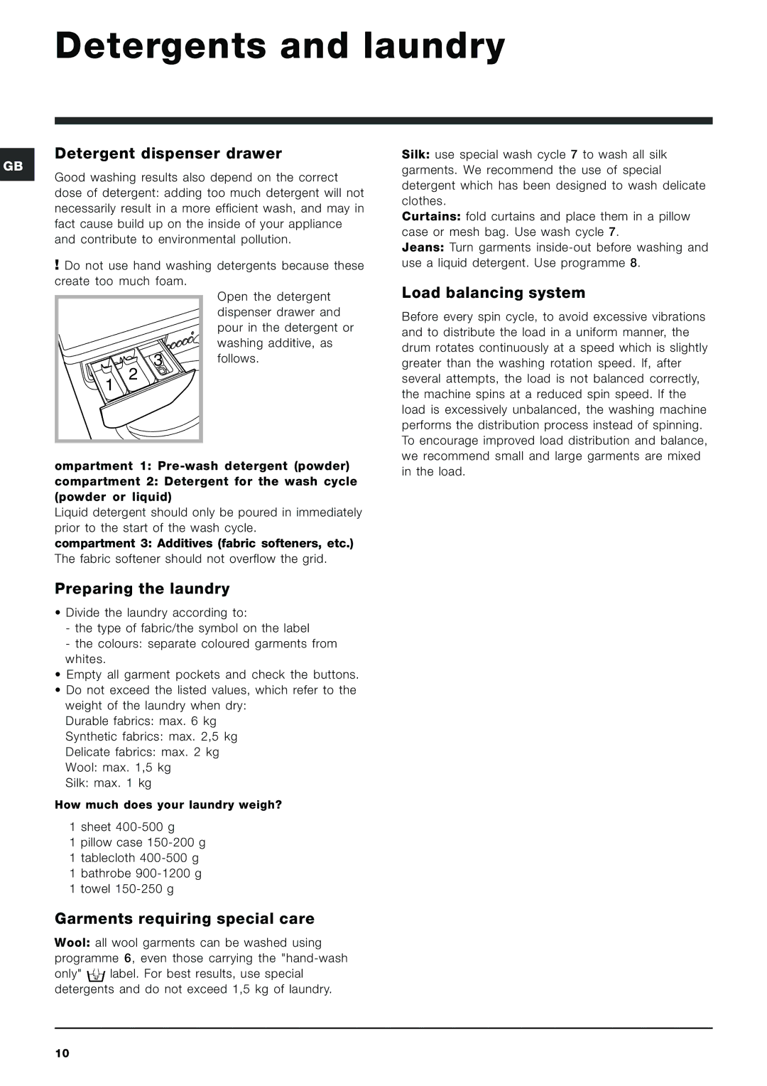 Indesit IWC 6125 S manual Detergents and laundry, Detergent dispenser drawer, Load balancing system, Preparing the laundry 