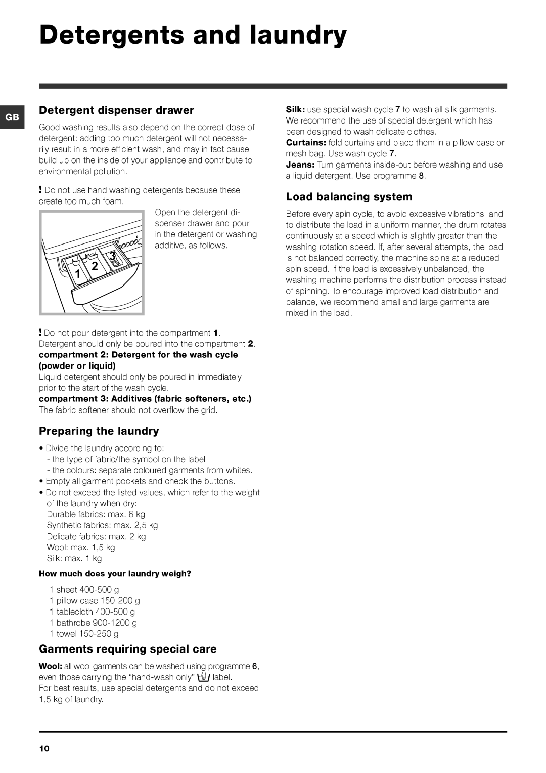 Indesit IWC 6125 manual Detergents and laundry, Detergent dispenser drawer, Load balancing system, Preparing the laundry 