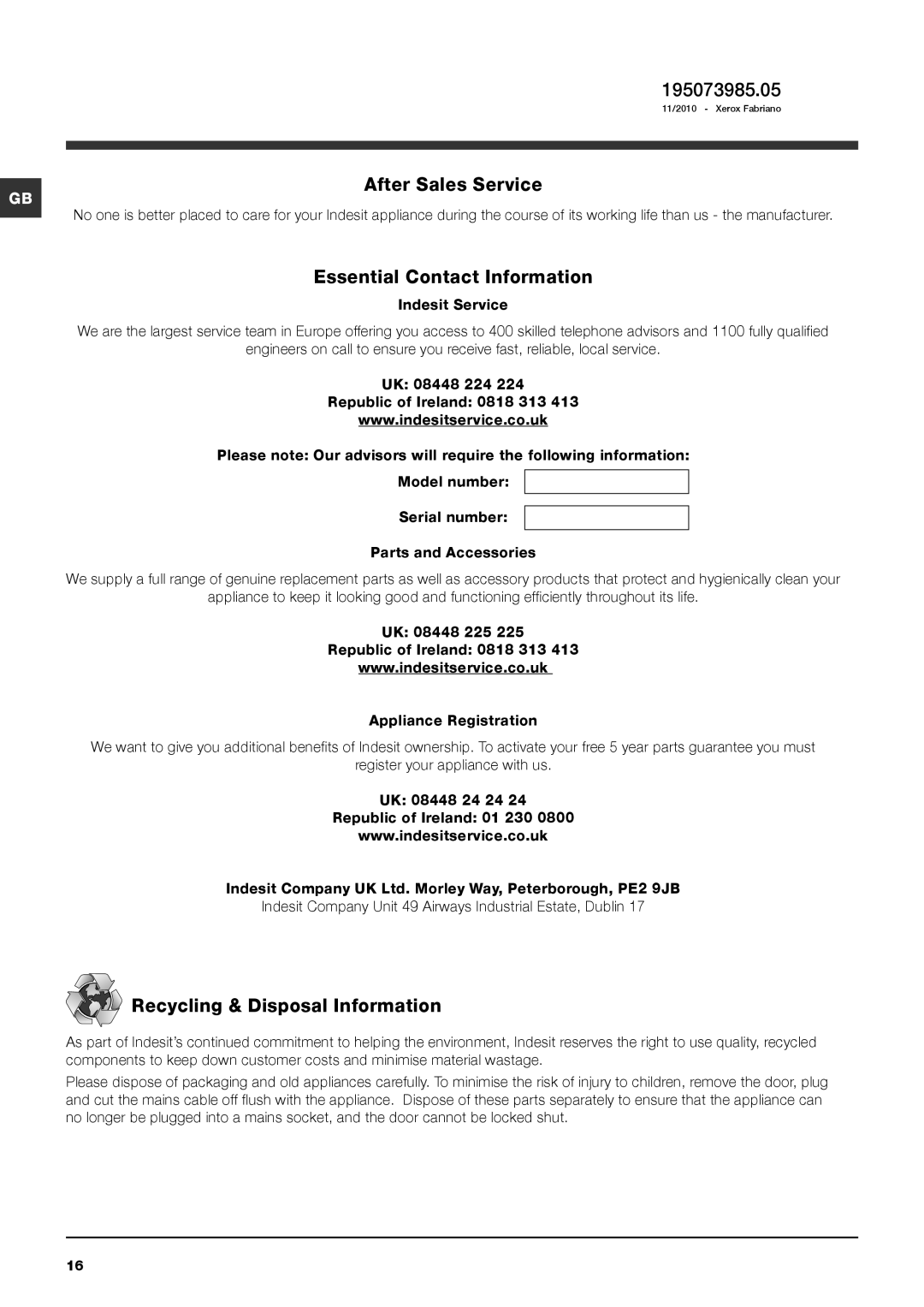 Indesit IWC 6125 manual 195073985.05, After Sales Service, Essential Contact Information, Recycling & Disposal Information 