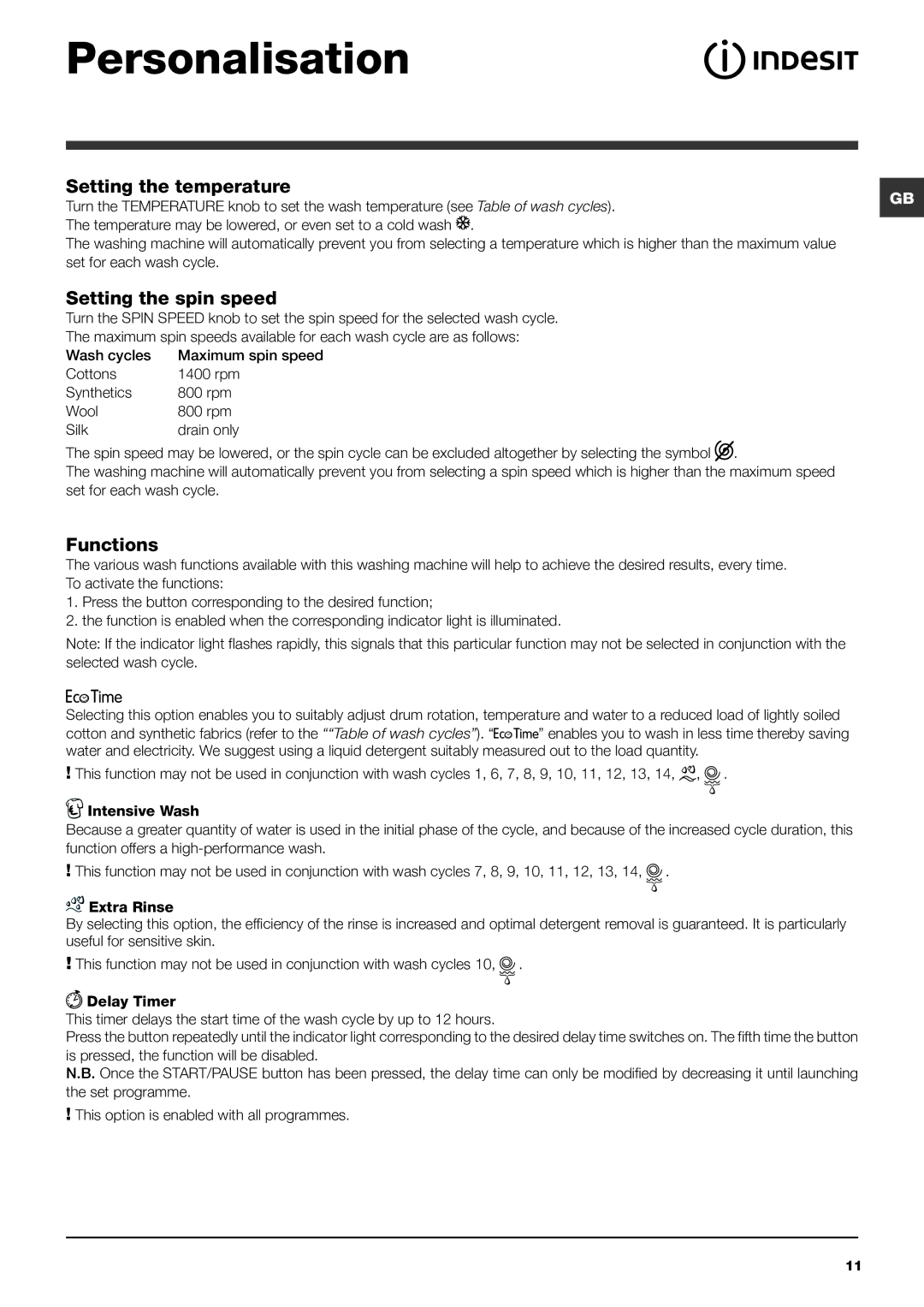 Indesit IWC 6145 S manual Personalisation, Setting the temperature, Setting the spin speed, Functions 