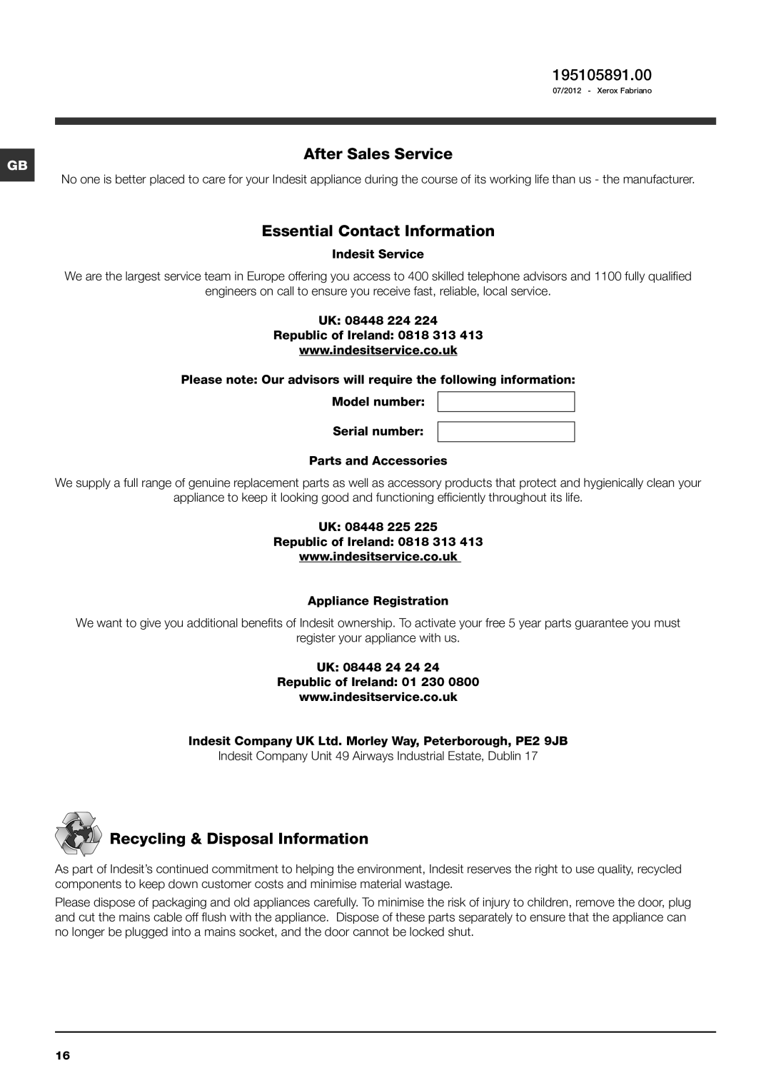 Indesit IWC 6145 S 195105891.00, After Sales Service, Essential Contact Information, Recycling & Disposal Information 