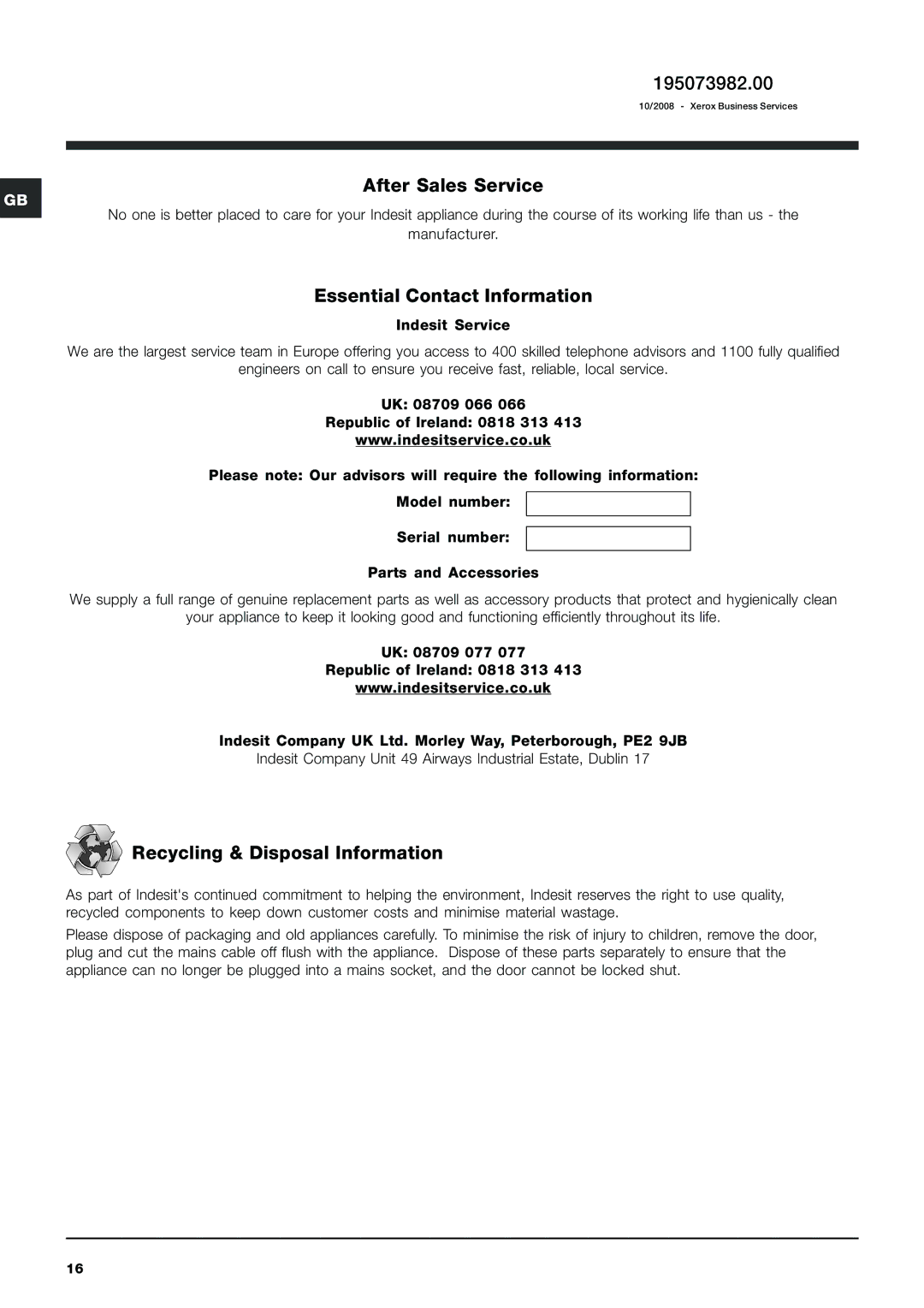 Indesit IWC 6145 S 195073982.00, After Sales Service, Essential Contact Information, Recycling & Disposal Information 