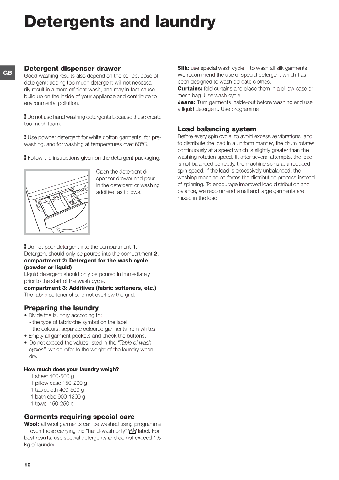 Indesit IWC 6145 manual Detergents and laundry, Detergent dispenser drawer, Load balancing system, Preparing the laundry 