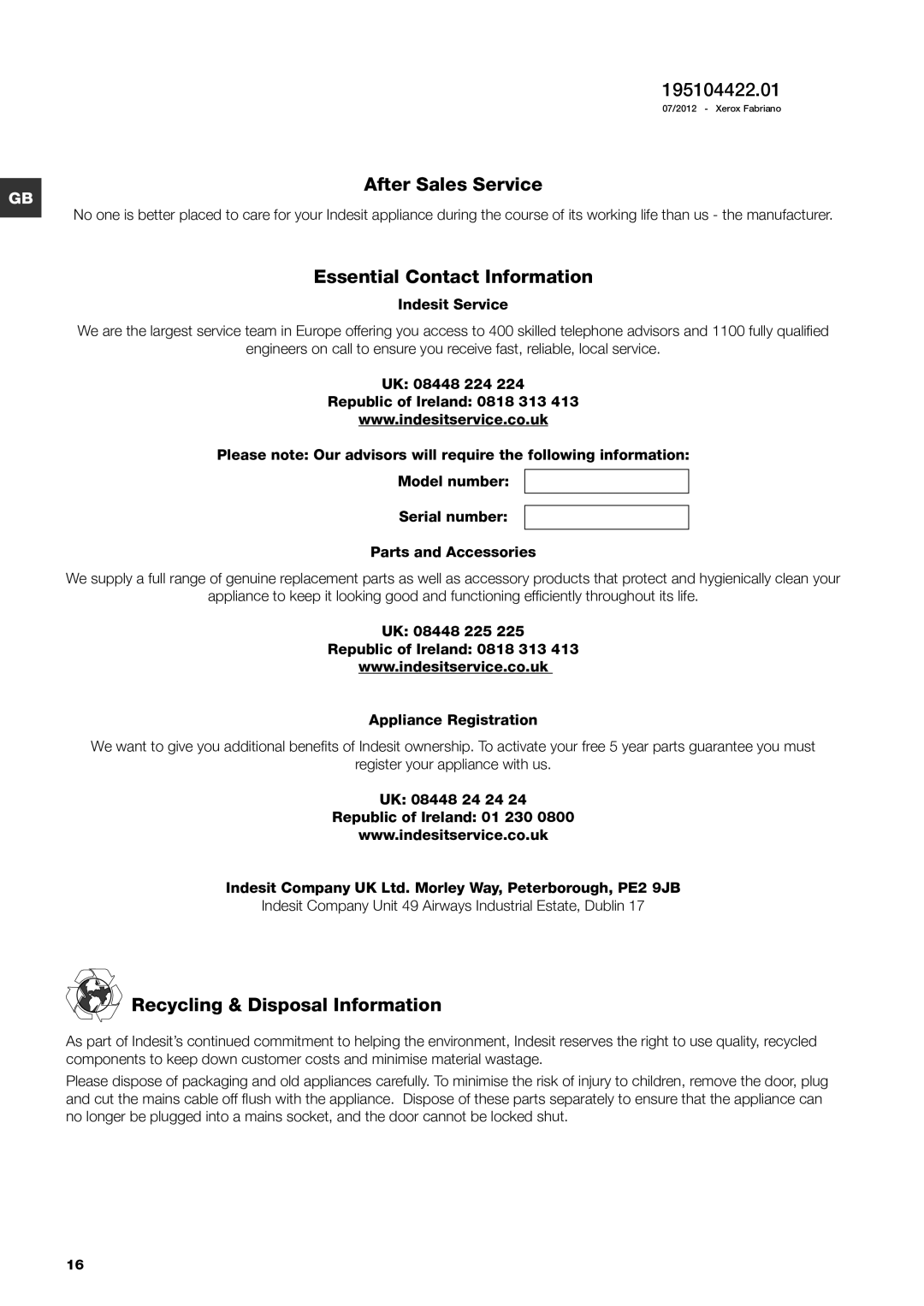 Indesit IWC 6145 manual 195104422.01, After Sales Service, Essential Contact Information, Recycling & Disposal Information 