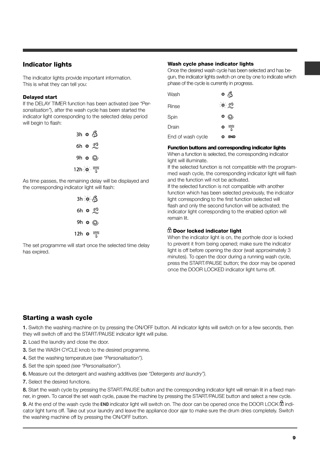 Indesit IWC 6145 manual Indicator lights, Starting a wash cycle 