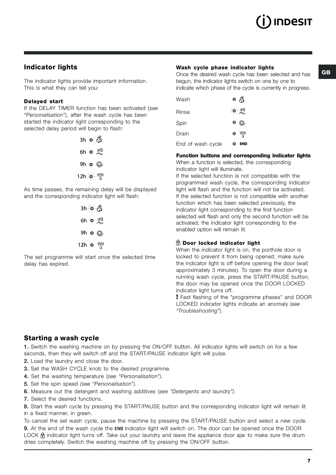 Indesit IWC 6145 manual Indicator lights, Starting a wash cycle 