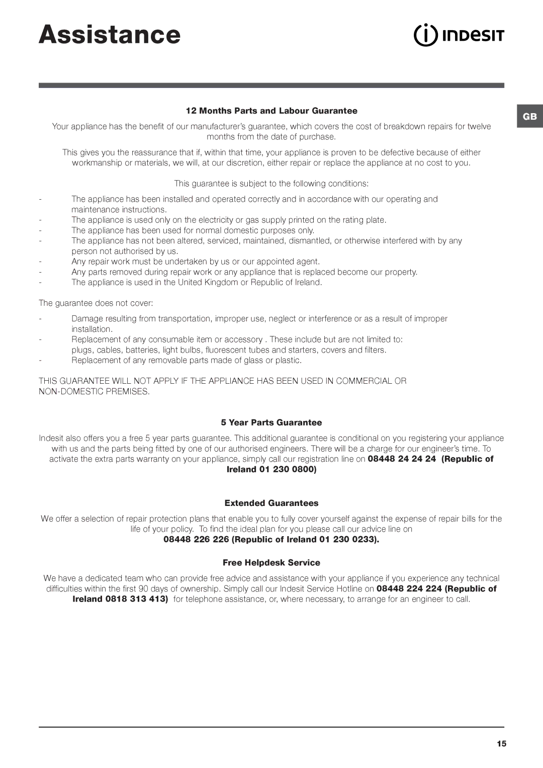 Indesit IWC 6165 S manual Assistance, Replacement of any removable parts made of glass or plastic 