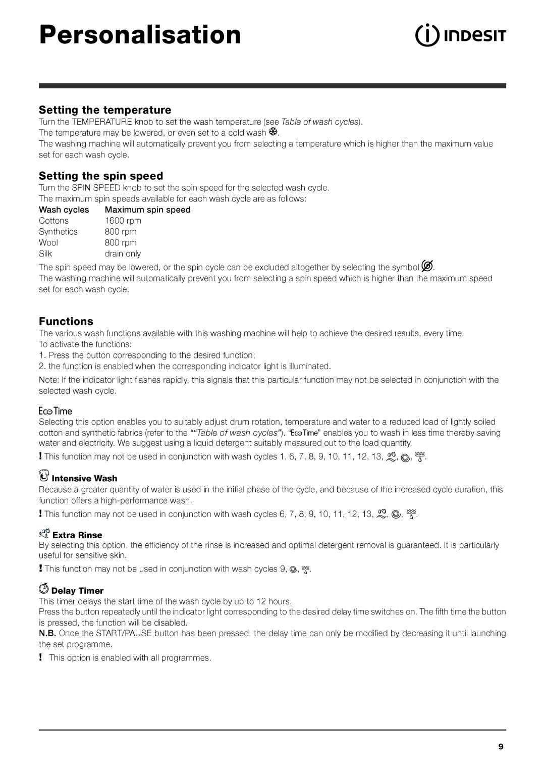 Indesit IWC 6165 S manual Personalisation, Functions, Table of wash cycles, Set for each wash cycle 