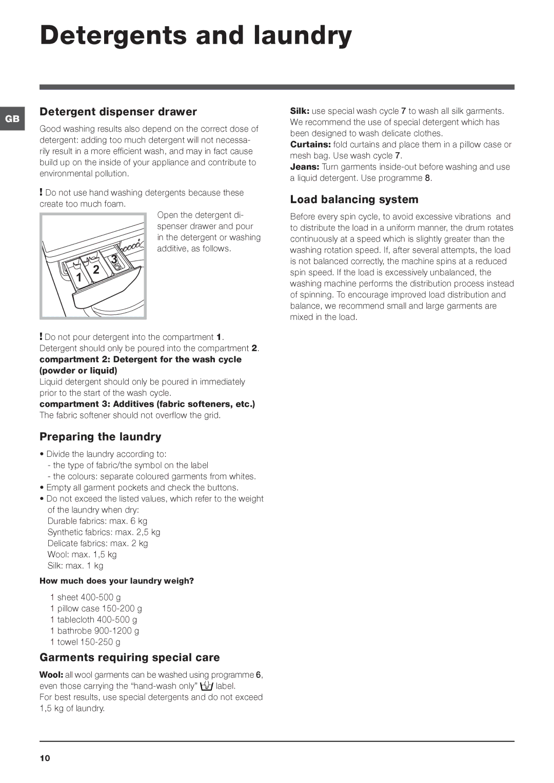 Indesit IWC 6165 manual Detergents and laundry, Detergent dispenser drawer, Load balancing system, Preparing the laundry 