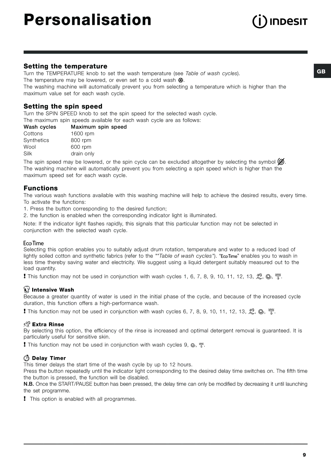 Indesit IWC 6165 manual Personalisation, Setting the temperature, Setting the spin speed, Functions 