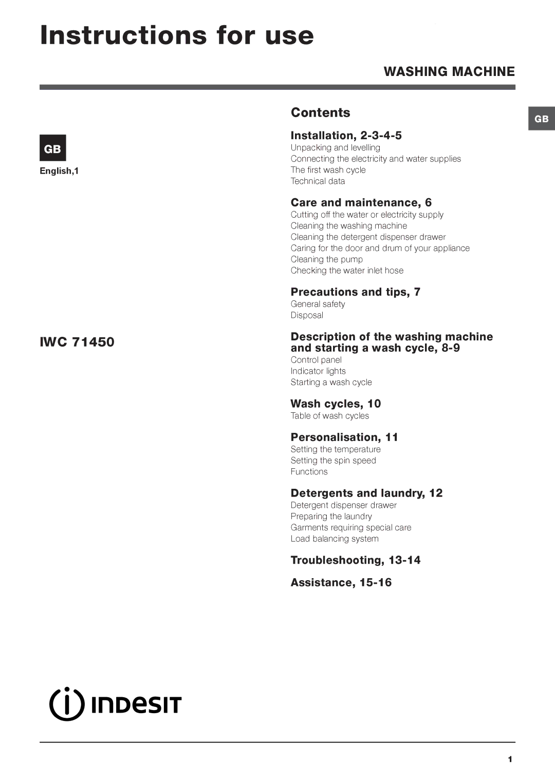 Indesit IWC 71450 manual Instructions for use, Washing Machine 