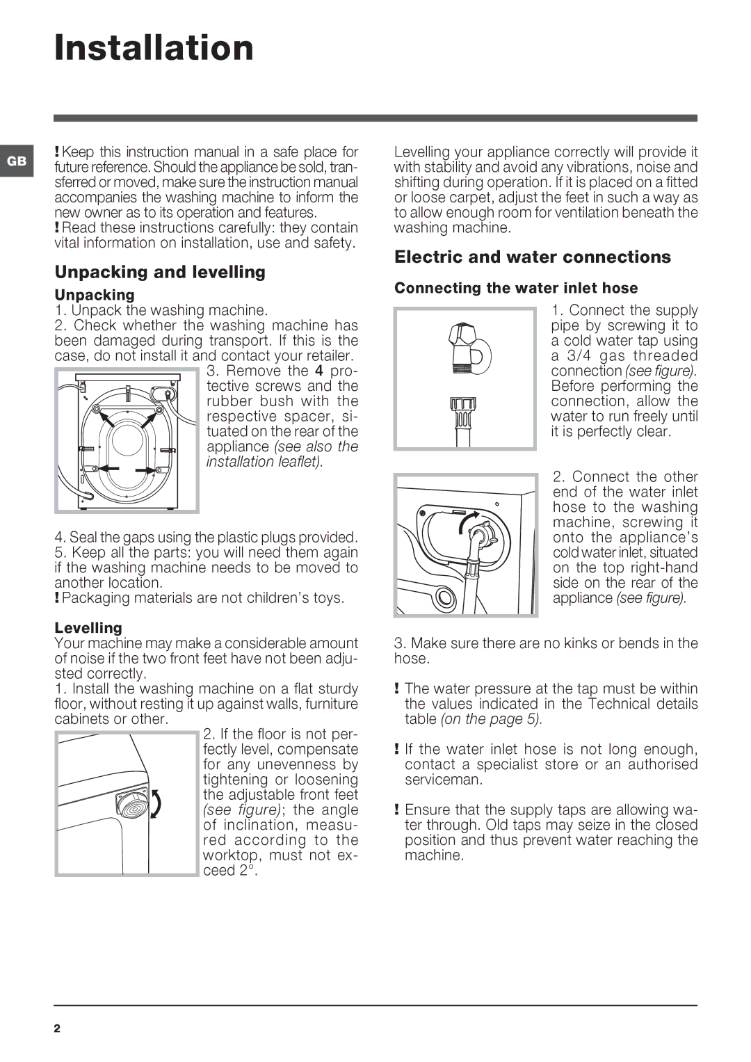 Indesit IWC 71451 manual Unpacking and levelling, Electric and water connections, Installation leaflet 