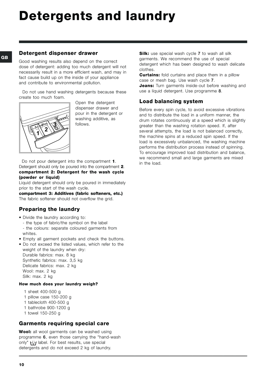 Indesit IWC 8123 manual Detergents and laundry, Detergent dispenser drawer, Load balancing system, Preparing the laundry 