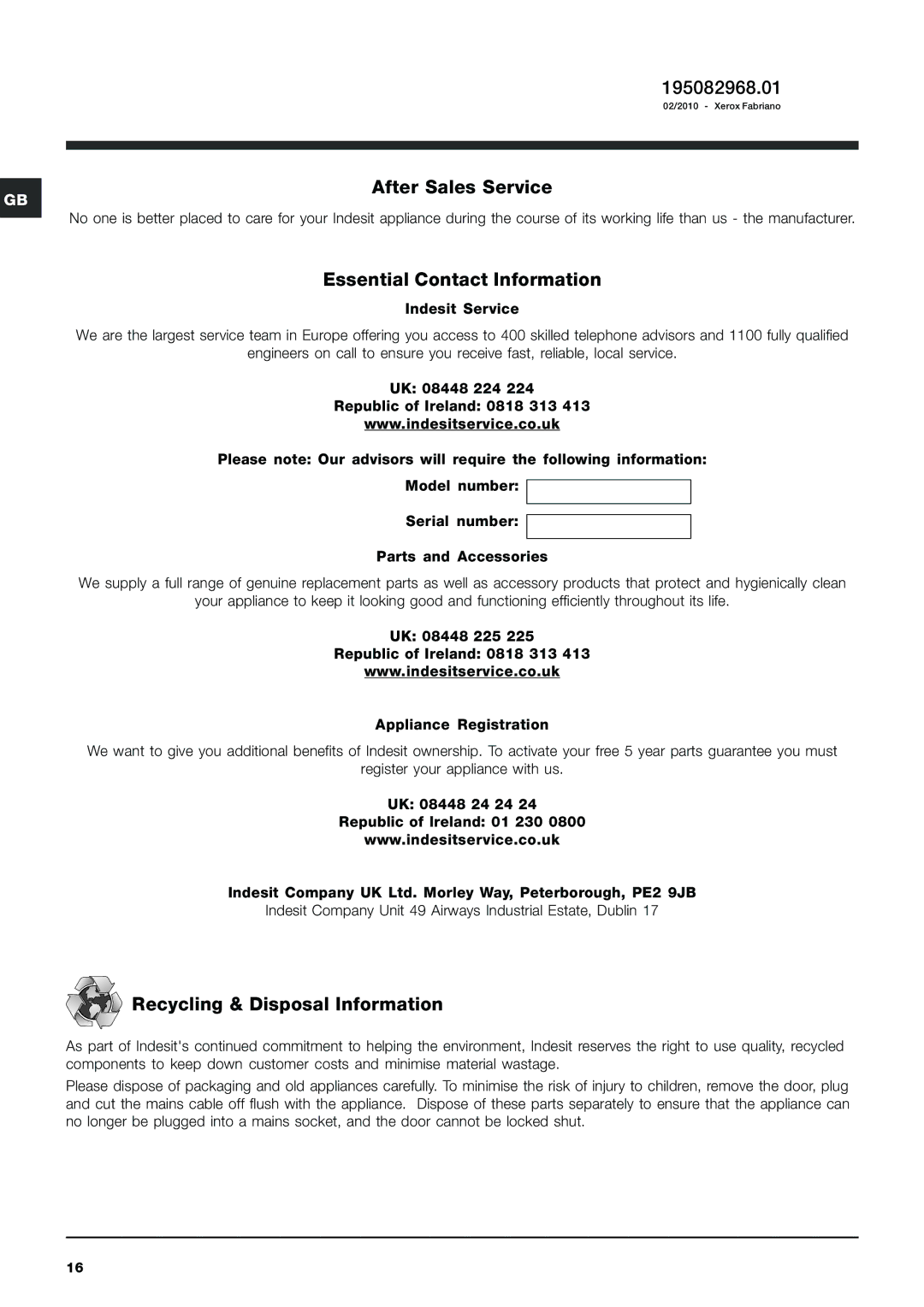 Indesit IWC 8123 manual 195082968.01, After Sales Service, Essential Contact Information, Recycling & Disposal Information 