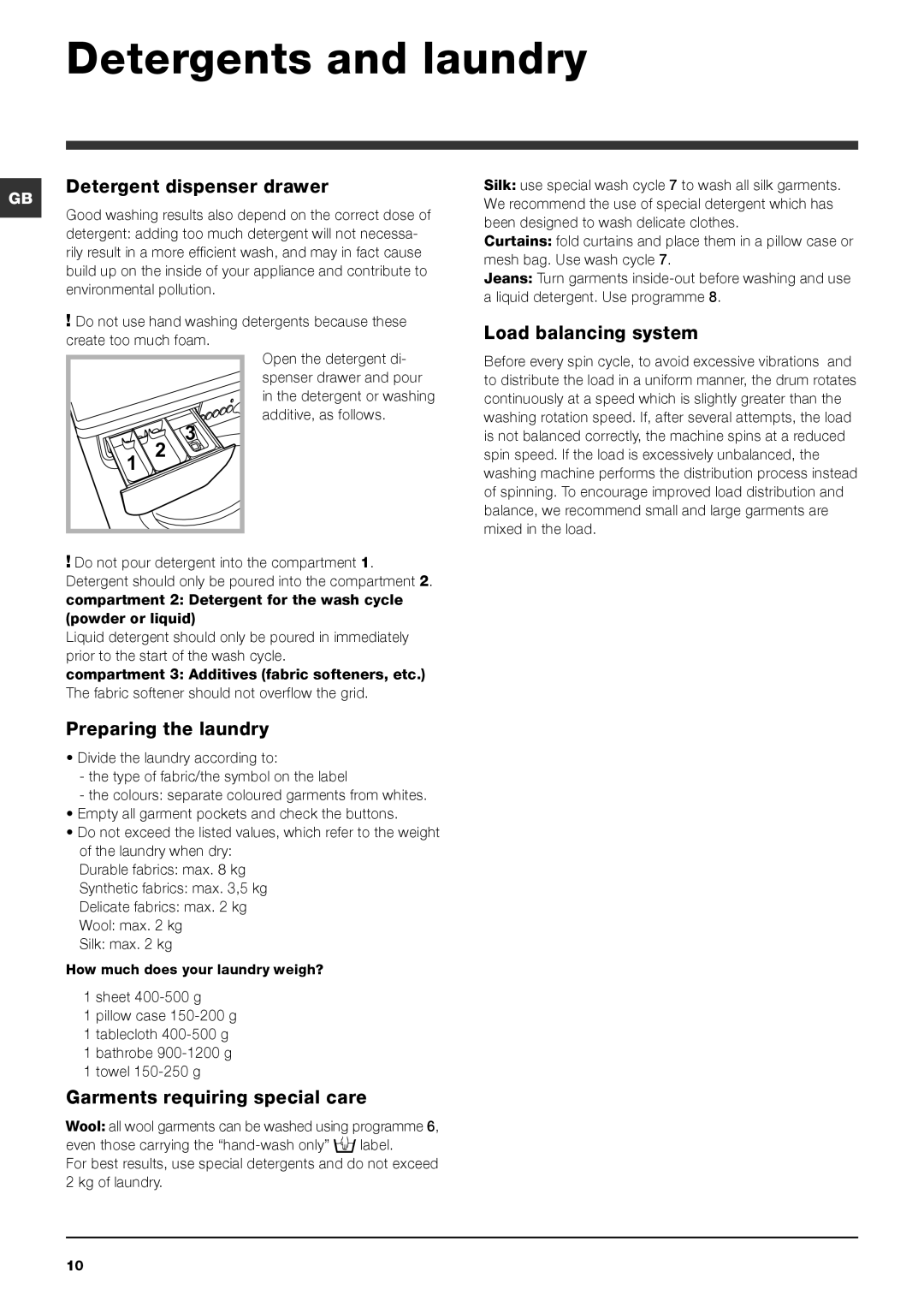 Indesit IWC 8123 manual Detergents and laundry, Detergent dispenser drawer, Load balancing system, Preparing the laundry 