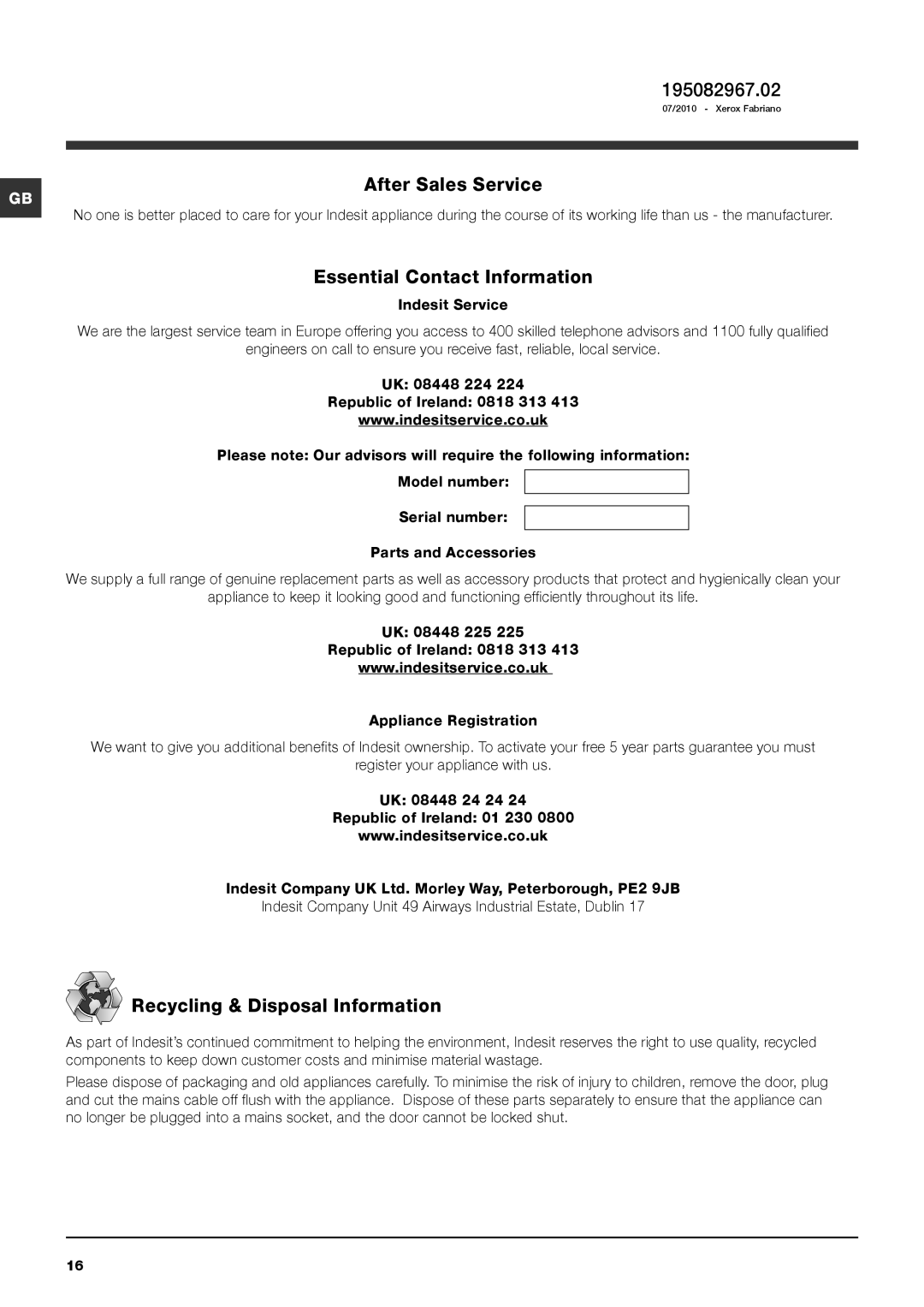 Indesit IWC 8148 manual 195082967.02, After Sales Service, Essential Contact Information, Recycling & Disposal Information 