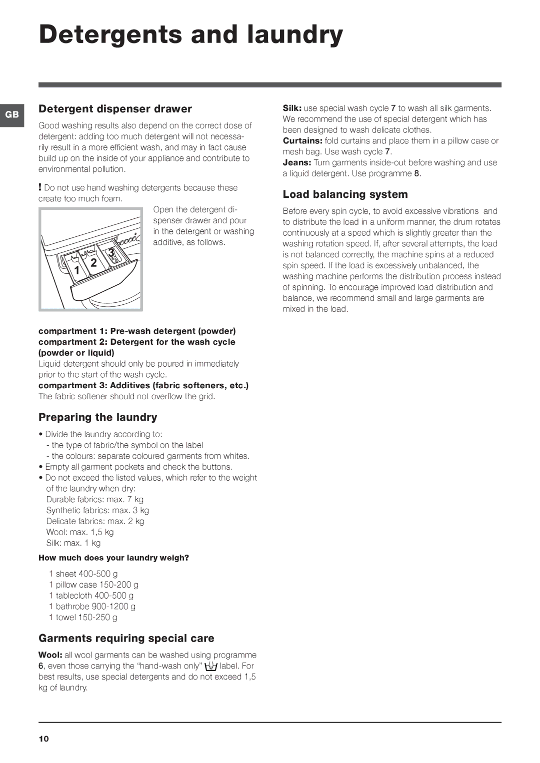 Indesit IWD 7145 S manual Detergents and laundry, Detergent dispenser drawer, Load balancing system, Preparing the laundry 