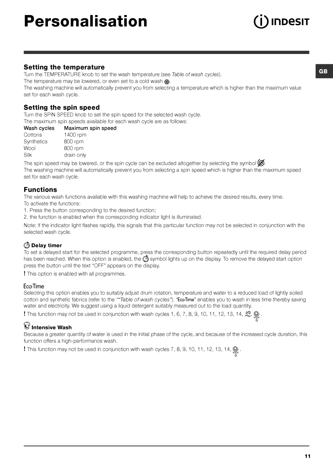 Indesit IWD 7145 S manual Personalisation, Setting the temperature, Setting the spin speed, Functions 