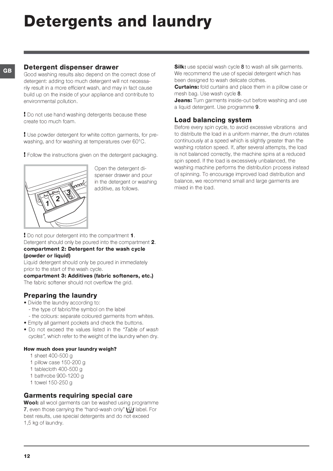 Indesit IWD 7145 S manual Detergents and laundry, Detergent dispenser drawer, Load balancing system, Preparing the laundry 