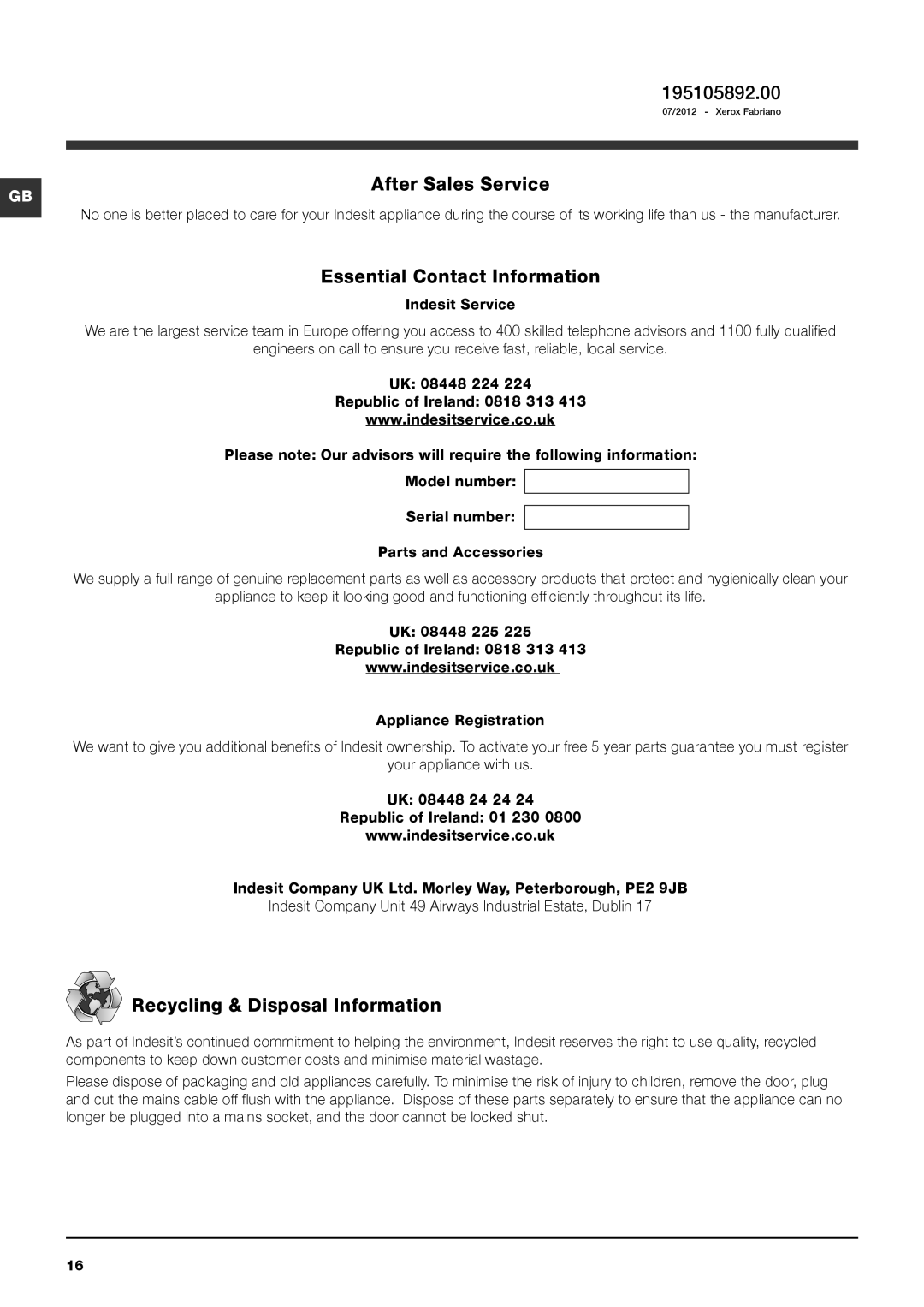 Indesit IWD 7145 S 195105892.00, After Sales Service, Essential Contact Information, Recycling & Disposal Information 