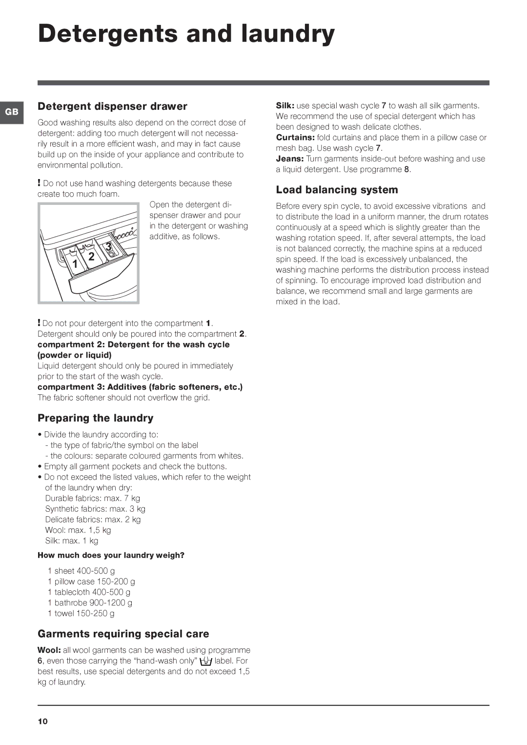 Indesit IWD 7145 manual Detergents and laundry, Detergent dispenser drawer, Load balancing system, Preparing the laundry 