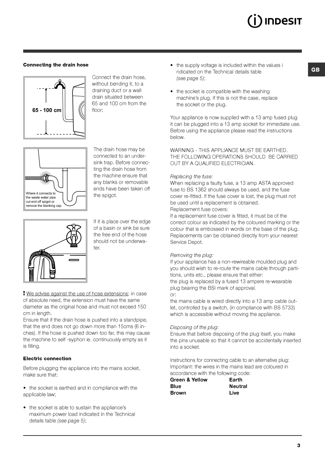 Indesit IWD 7145 manual Supply voltage is included within the values, Replacing the fuse, Removing the plug 