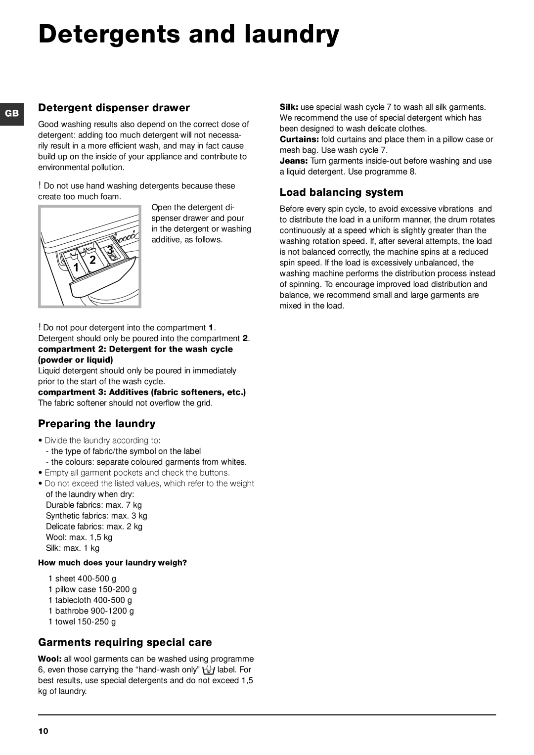 Indesit IWD 7168 manual Detergents and laundry, Detergent dispenser drawer, Load balancing system, Preparing the laundry 