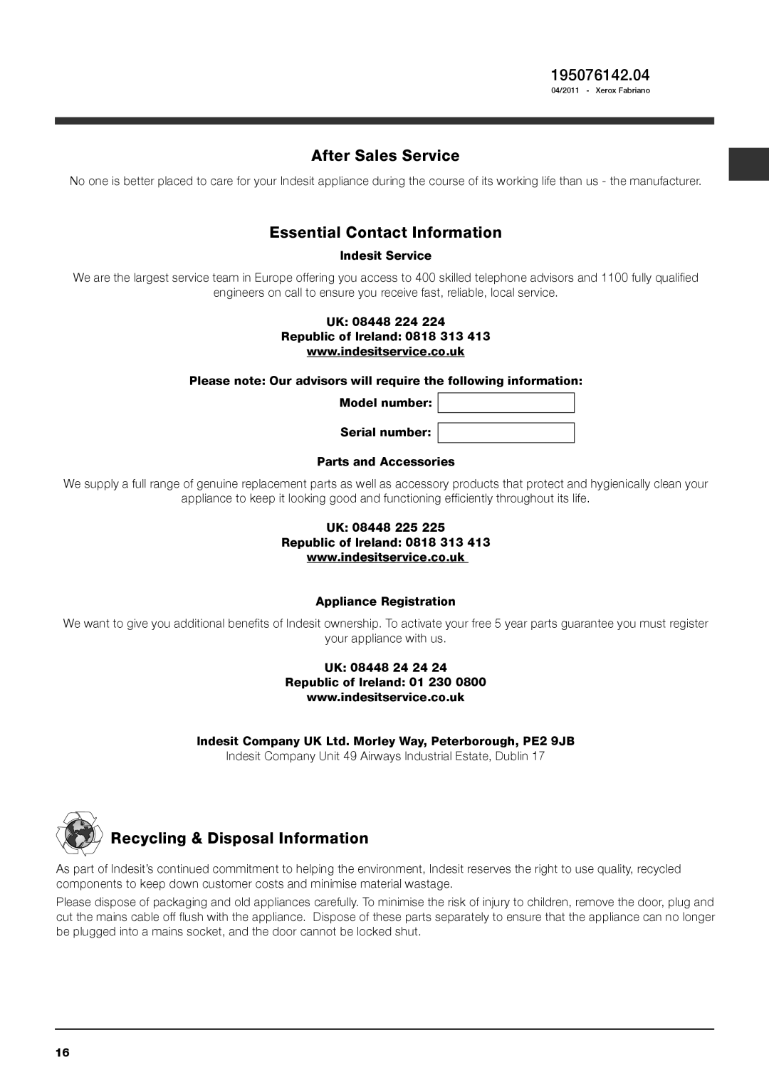 Indesit IWD 7168 manual 195076142.04, After Sales Service, Essential Contact Information, Recycling & Disposal Information 