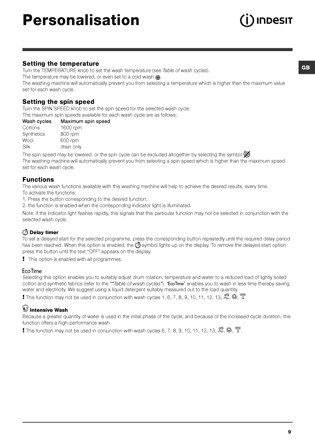 Indesit IWD 7168 manual Personalisation, Functions, Table of wash cycles, Set for each wash cycle 