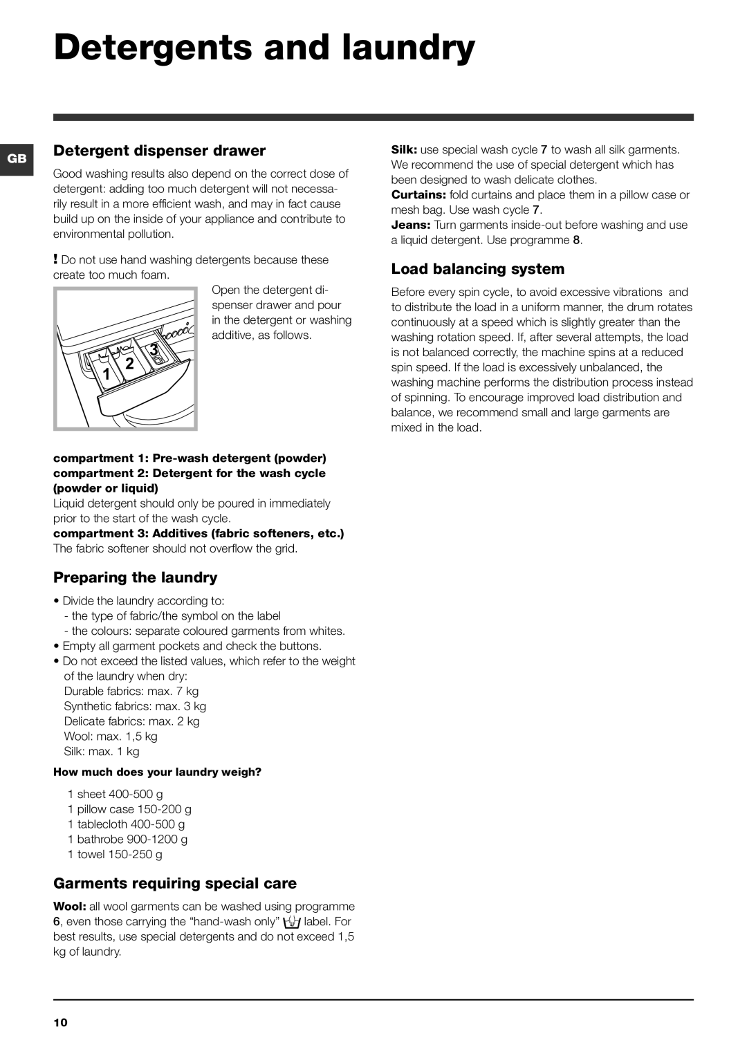 Indesit IWD 7168 manual Detergents and laundry, Detergent dispenser drawer, Load balancing system, Preparing the laundry 