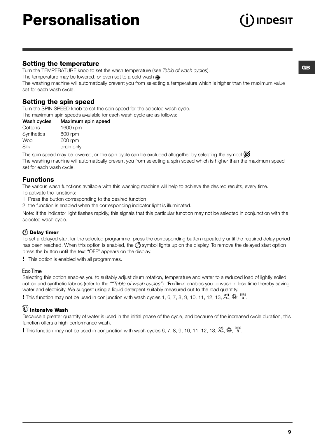 Indesit IWD 7168 manual Personalisation, Functions, Table of wash cycles, Set for each wash cycle 