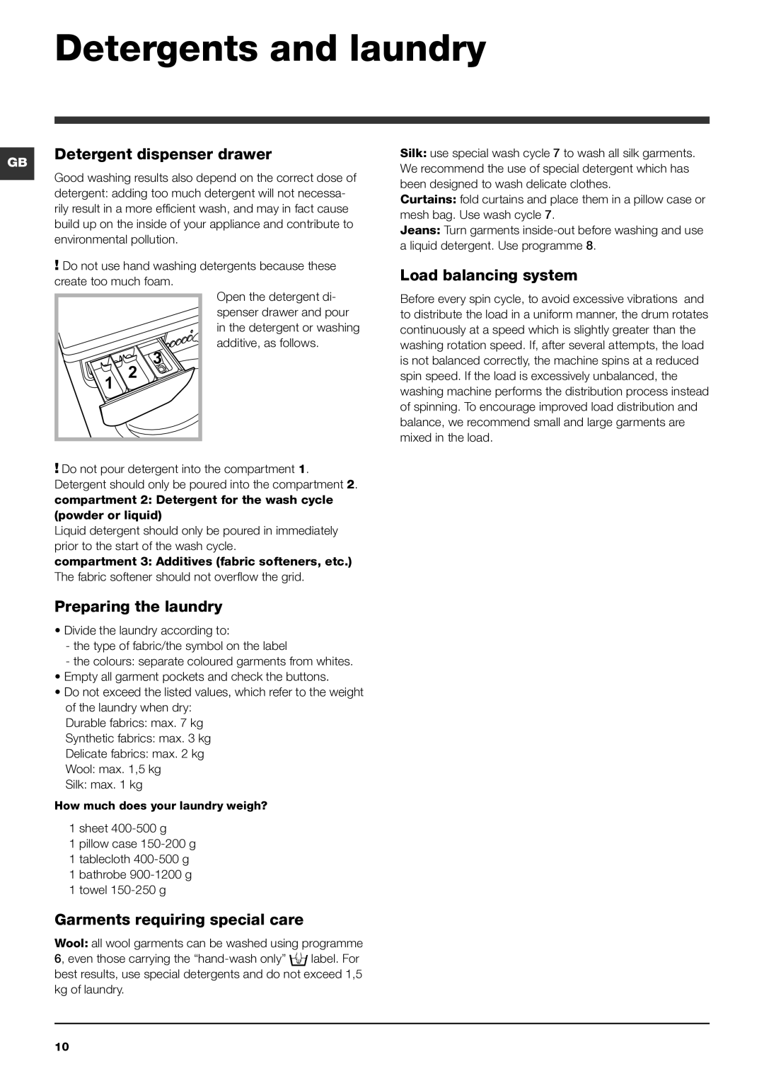 Indesit IWD 7168 manual Detergents and laundry, Detergent dispenser drawer, Load balancing system, Preparing the laundry 