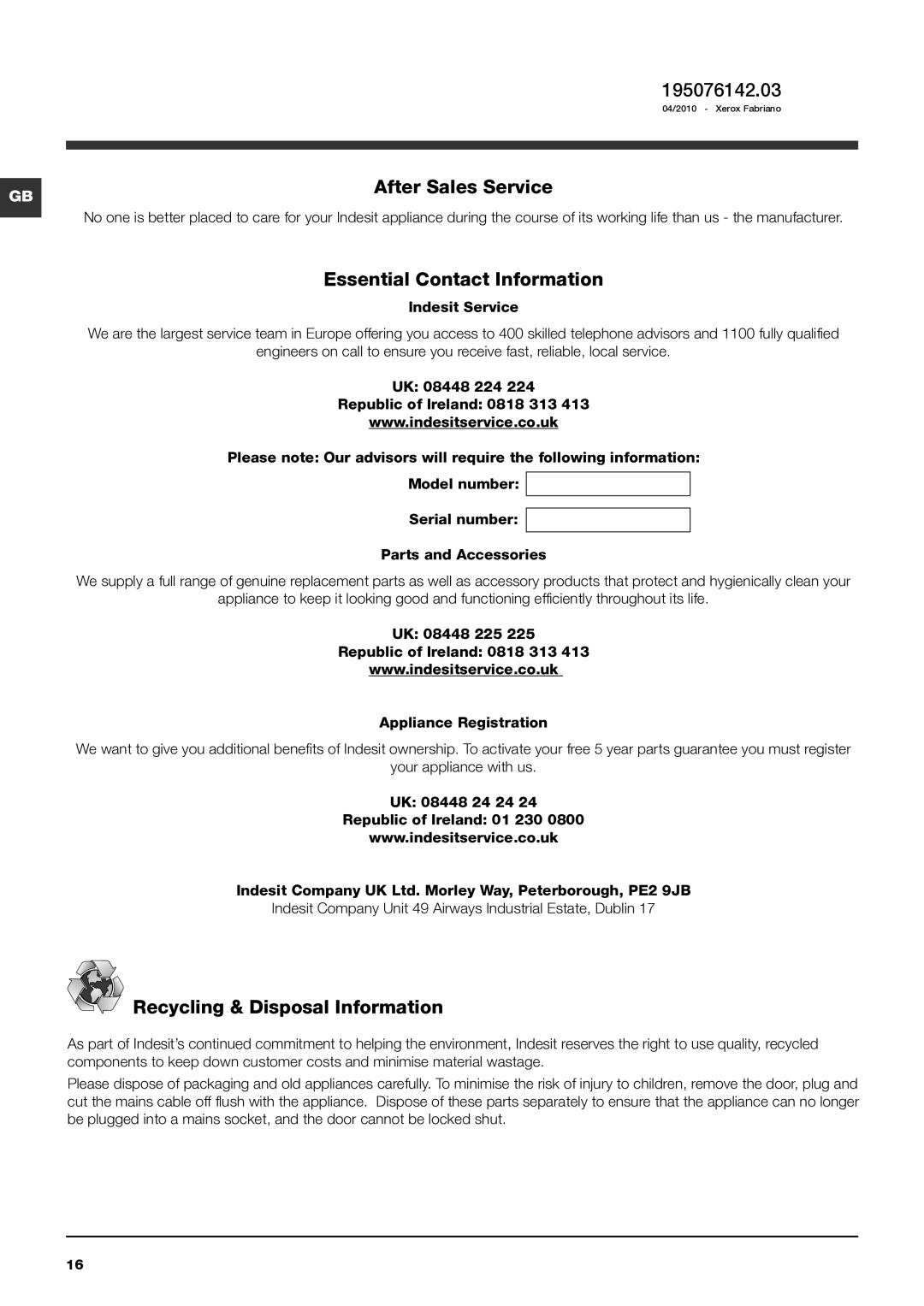 Indesit IWD 7168 manual 195076142.03, After Sales Service, Essential Contact Information, Recycling & Disposal Information 