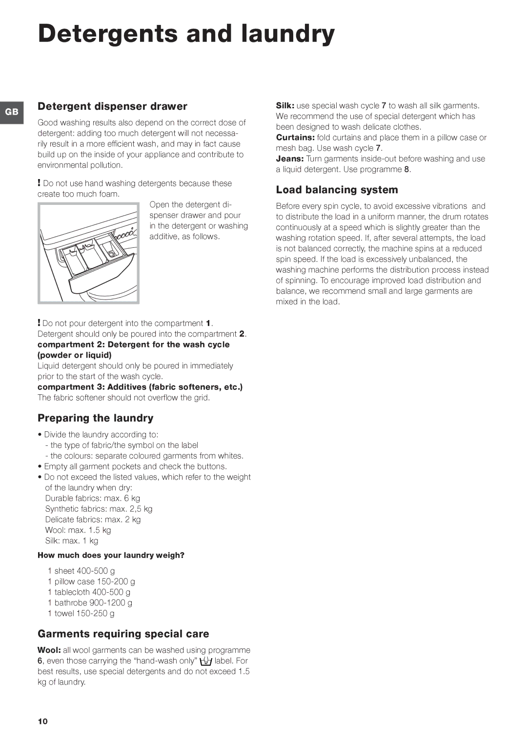 Indesit IWD manual Detergents and laundry, Detergent dispenser drawer, Load balancing system, Preparing the laundry 