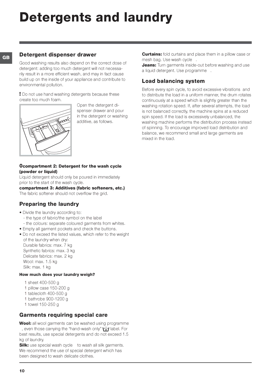 Indesit IWD71250 manual Detergents and laundry, Detergent dispenser drawer, Load balancing system, Preparing the laundry 