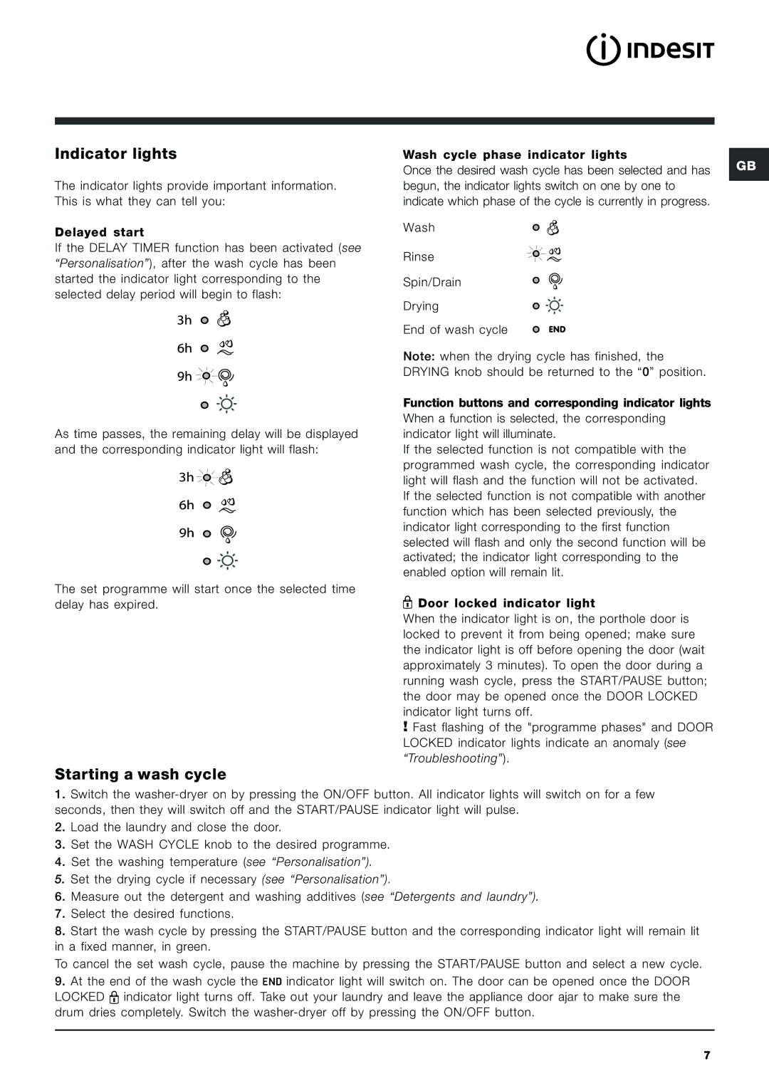 Indesit IWDC 6105 manual Indicator lights, Starting a wash cycle 