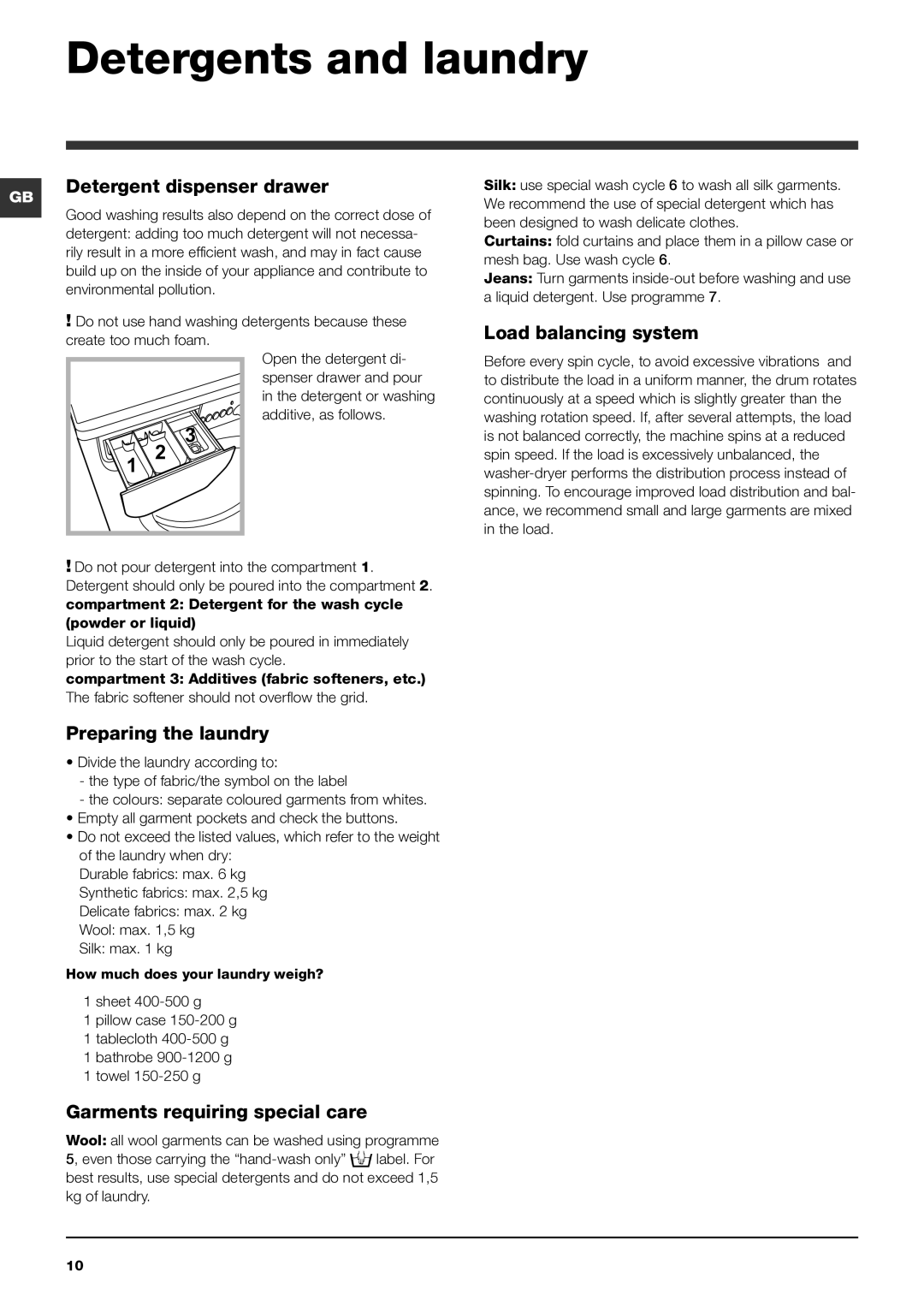 Indesit IWDC 6105 manual Detergents and laundry, Detergent dispenser drawer, Load balancing system, Preparing the laundry 