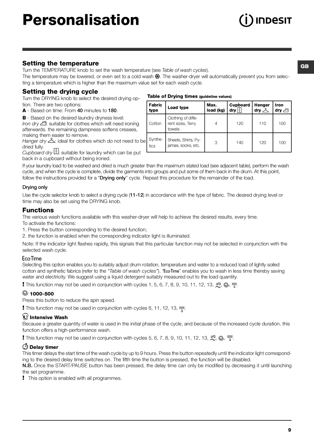 Indesit IWDC 6105 manual Personalisation, Setting the temperature, Setting the drying cycle, Functions 