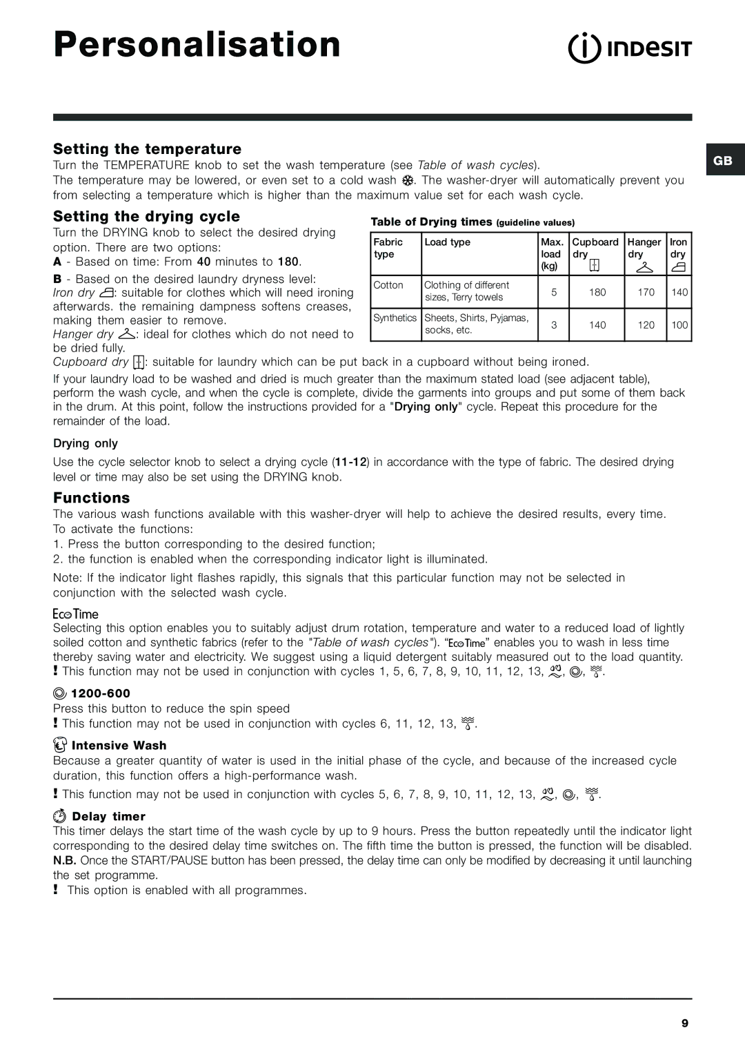 Indesit IWDC 6125 S manual Personalisation, Setting the temperature, Setting the drying cycle, Functions 