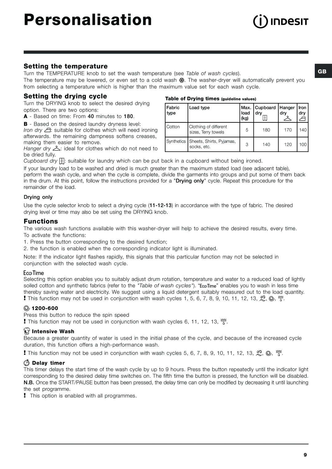 Indesit IWDC 6125 manual Personalisation, Setting the temperature, Setting the drying cycle, Functions 