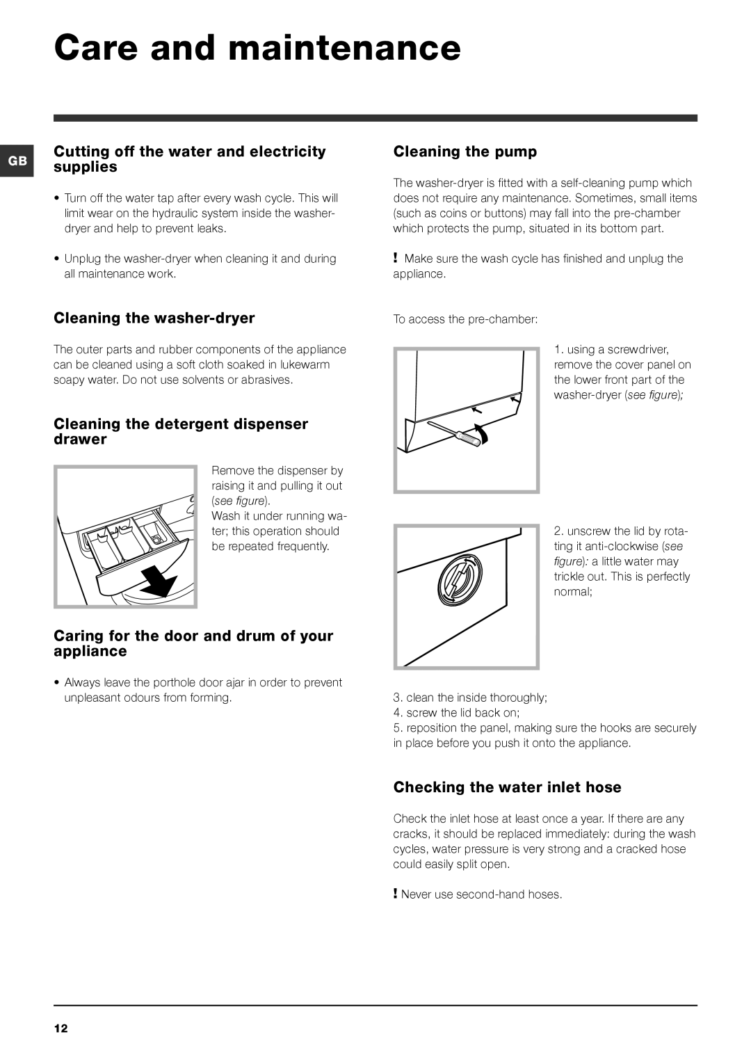 Indesit IWDD 7123 S instruction manual Care and maintenance 