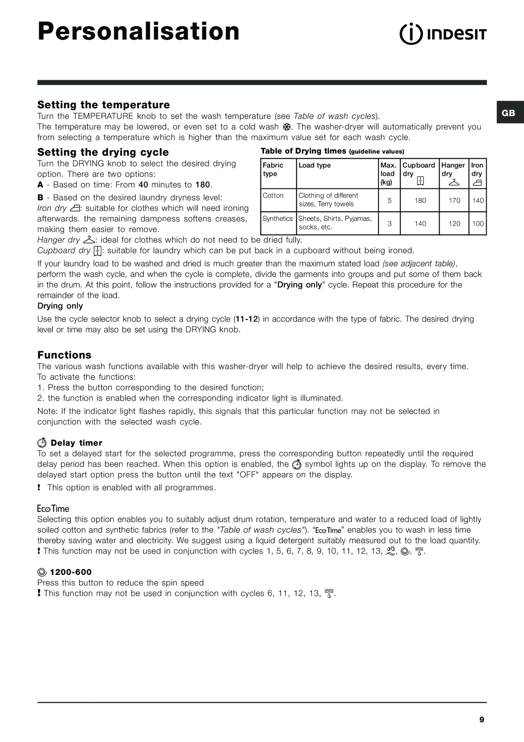 Indesit IWDD 7123 instruction manual Personalisation, Setting the temperature, Setting the drying cycle, Functions 