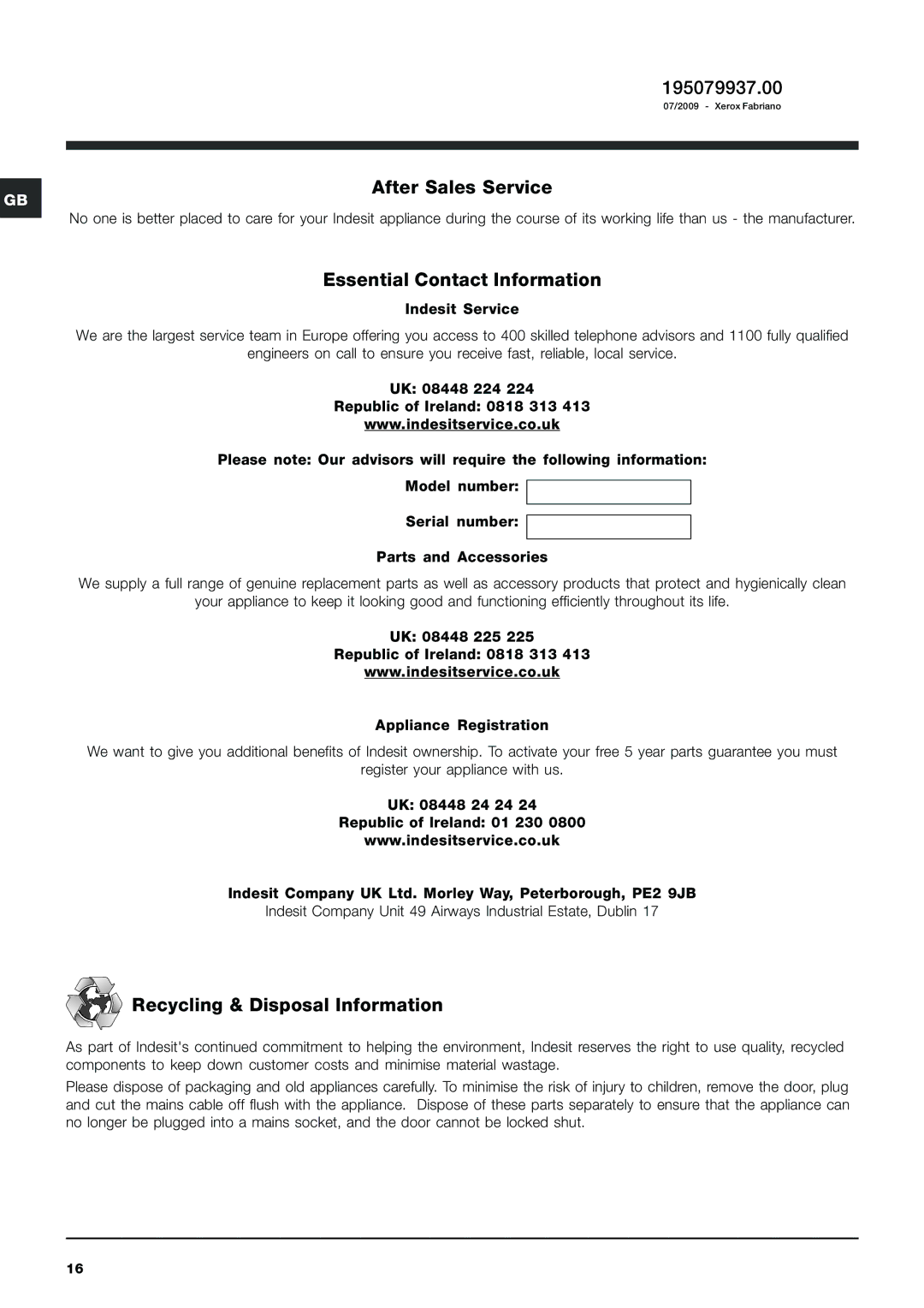 Indesit IWDD 7143 S 195079937.00, After Sales Service, Essential Contact Information, Recycling & Disposal Information 