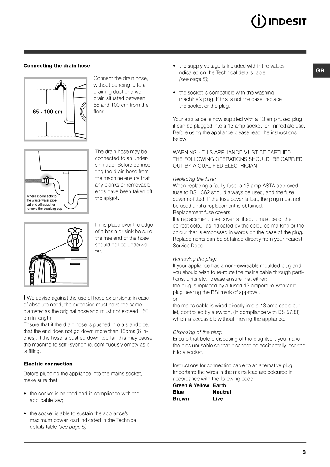 Indesit IWDD 7143 S instruction manual 65 - 100 cm, Replacing the fuse, Removing the plug, Disposing of the plug 