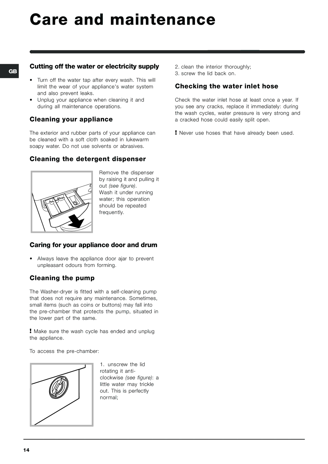 Indesit IWDE 12 manual Care and maintenance 