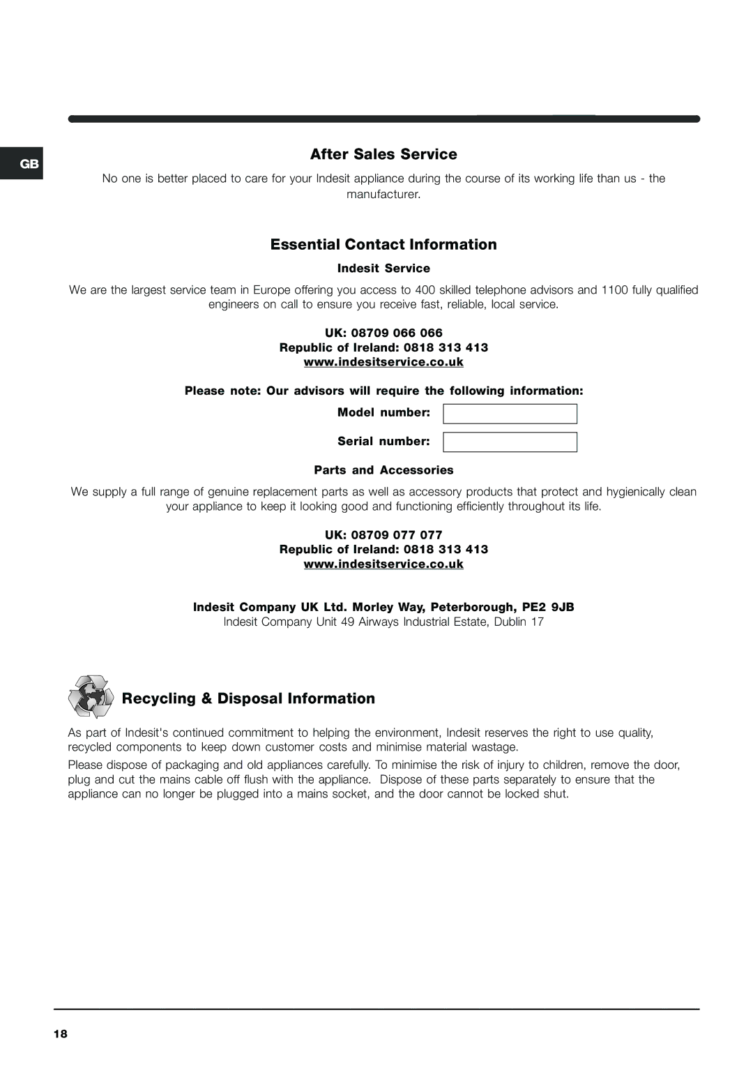 Indesit IWDE 12 manual After Sales Service, Essential Contact Information, Recycling & Disposal Information 