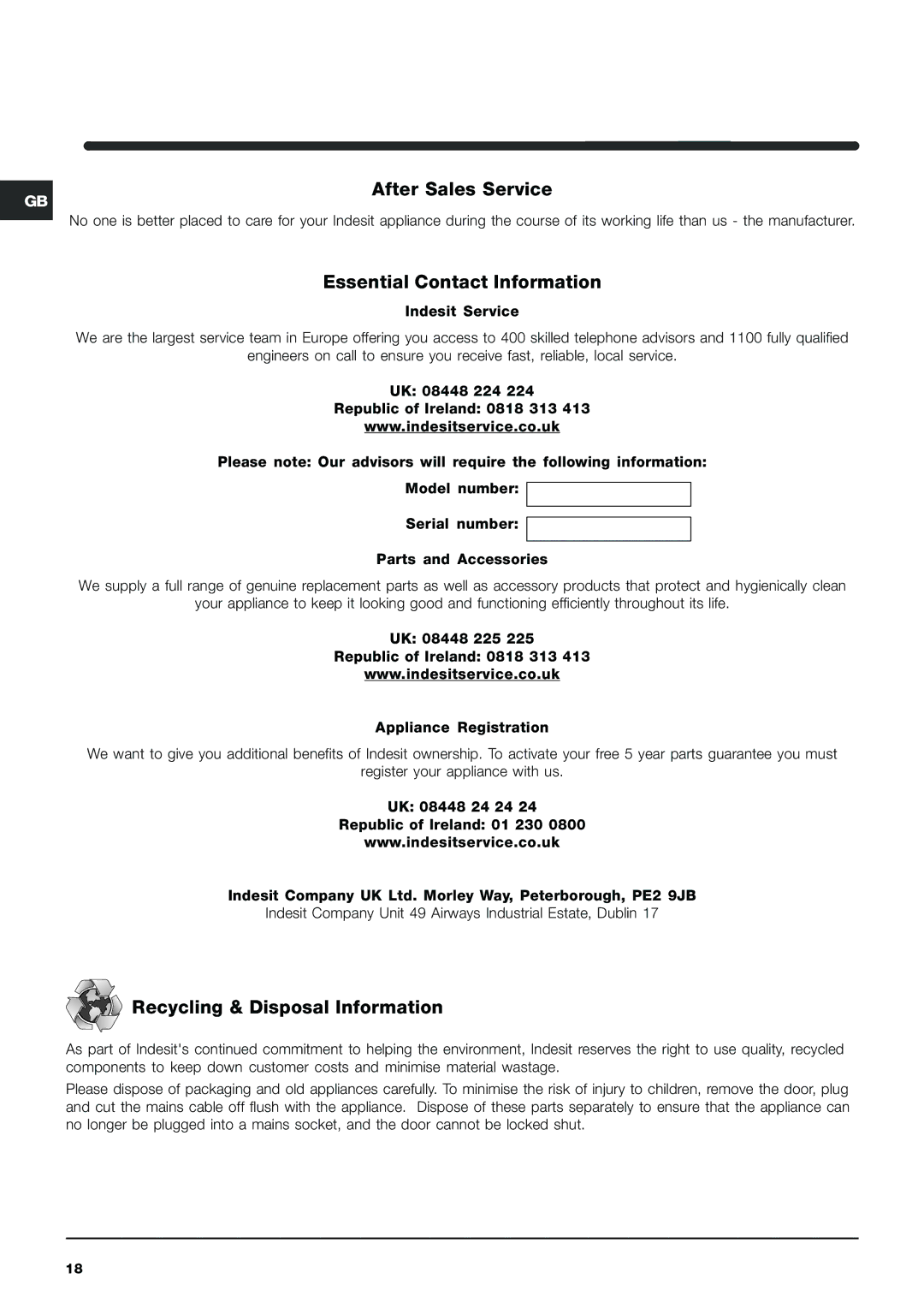Indesit IWDE 126 manual After Sales Service, Essential Contact Information, Recycling & Disposal Information 